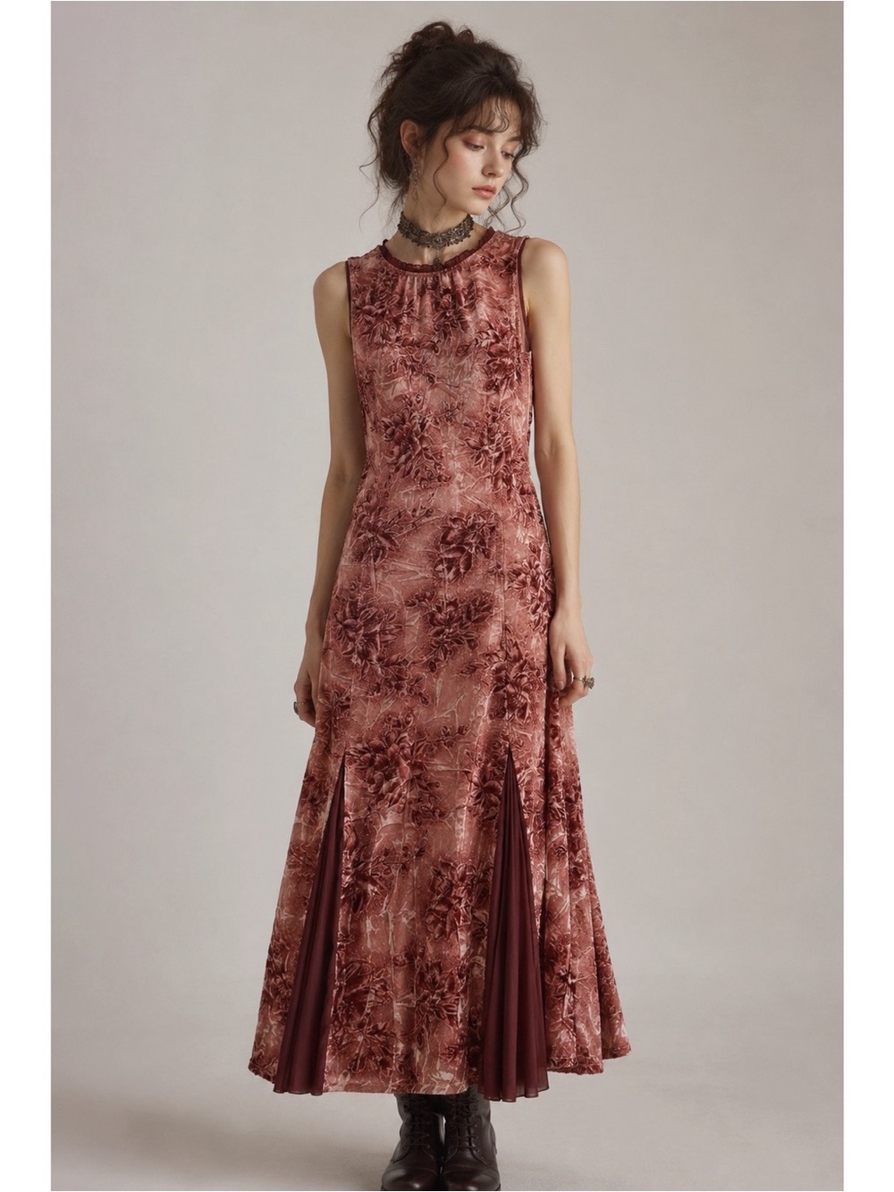 VTG Whimsigoth Fairy Wanko Velvet Floral Ruffle Collar Maxi Dress SMALL Romantic
